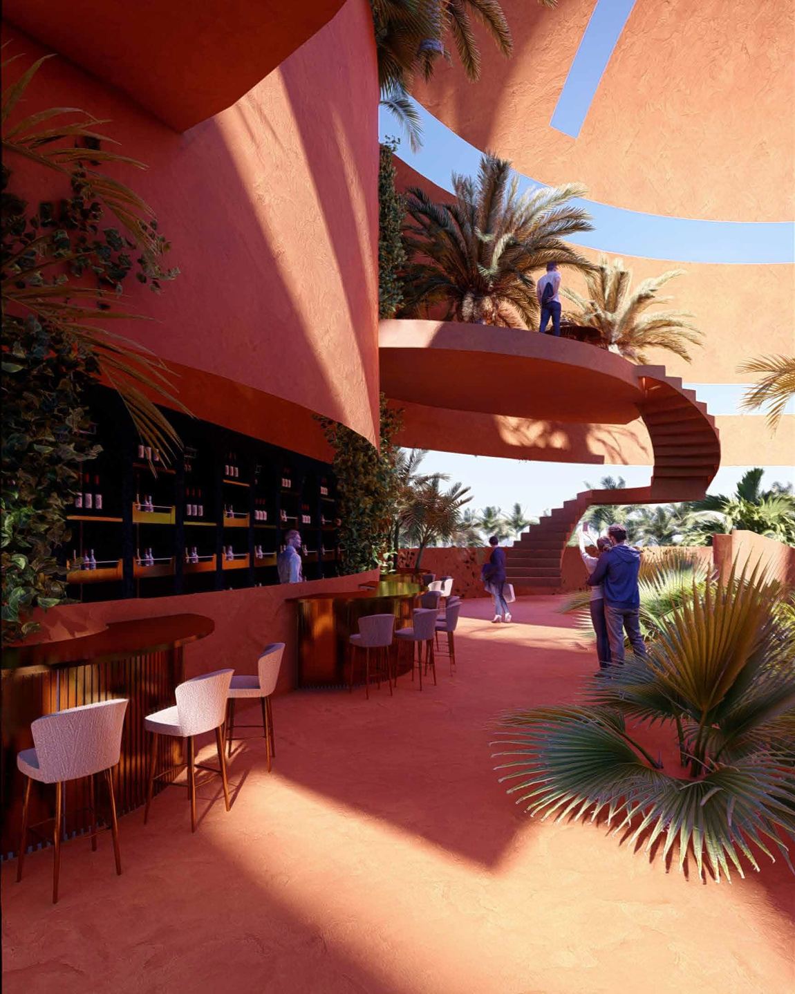 Bar and curved stair, rendering