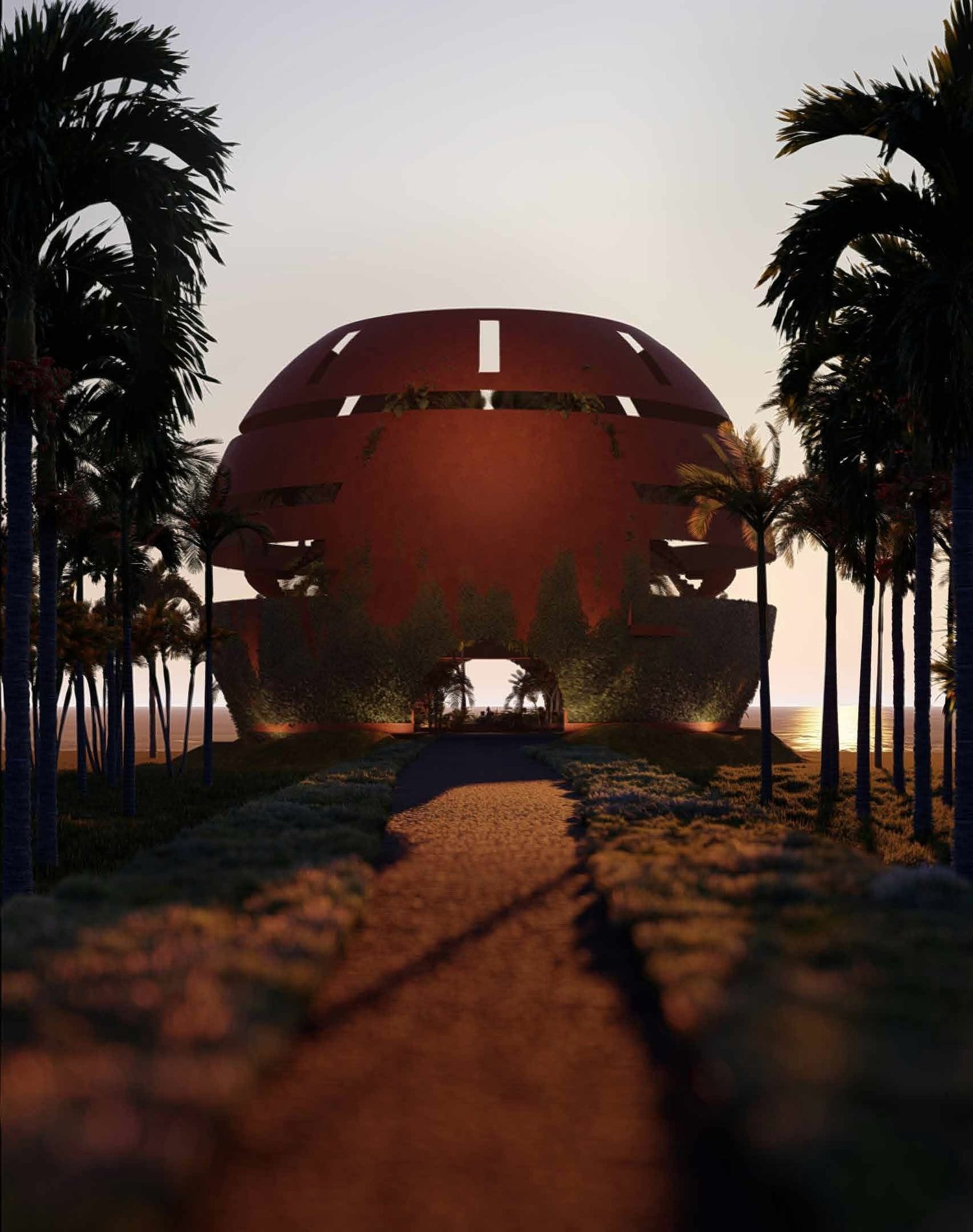 The dome at dusk at Taína, rendering